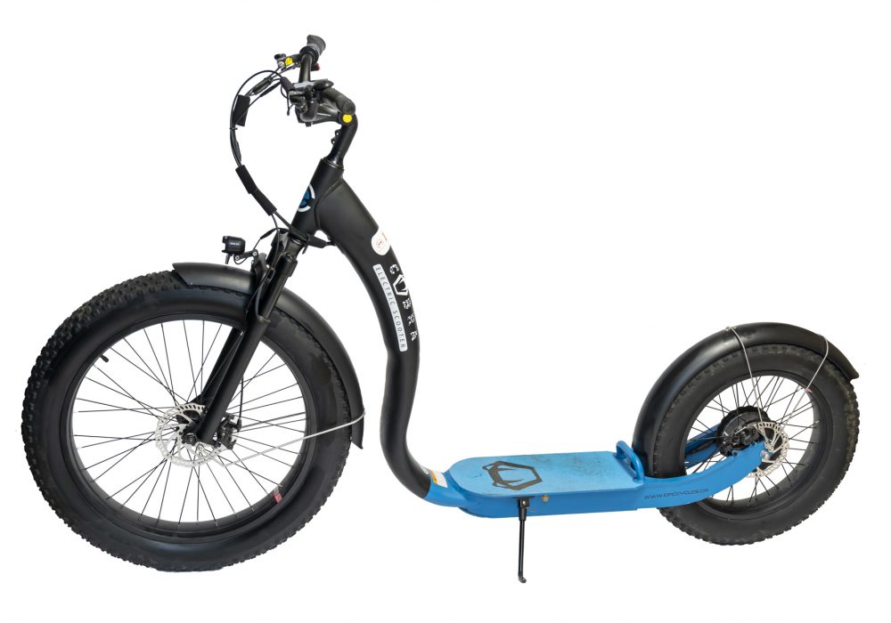 Detailed view of the sturdy frame and wide tires of a stylish fat-tire electric scooter
